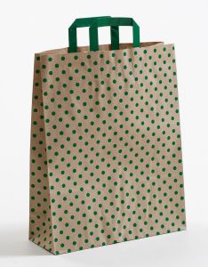 Papiertragetaschen mit Flachhenkel Punkte grün auf Graspapier 32 x 12 x 40 cm, 150 Stück