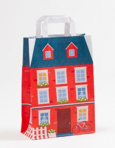 Papiertragetaschen mit Flachhenkel Haus rot 22 x 10 x 31 cm, 100 Stück