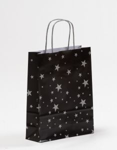 Papiertragetaschen mit gedrehter Papierkordel Sterne silber/schwarz 18 x 7 x 24 cm, 200 Stück