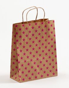 Papiertragetaschen mit gedrehter Papierkordel Sterne pink 22 x 10 x 28 cm, 025 Stück