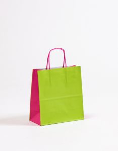 Papiertragetaschen mit gedrehter Papierkordel grün/pink 20 x 10 x 21 cm, 025 Stück