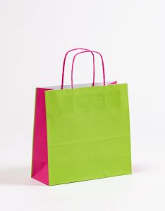 Papiertragetaschen mit gedrehter Papierkordel grün/pink 27 x 11 x 26 cm, 150 Stück