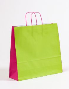 Papiertragetaschen mit gedrehter Papierkordel grün/pink 40 x 12 x 36 cm, 150 Stück