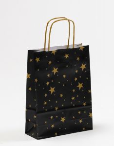 Papiertragetaschen mit gedrehter Papierkordel Sterne gold/schwarz 18 x 7 x 24 cm, 250 Stück
