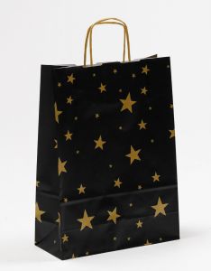 Papiertragetaschen mit gedrehter Papierkordel Sterne gold/schwarz 24 x 10 x 31 cm, 025 Stück