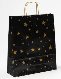 Papiertragetaschen mit gedrehter Papierkordel Sterne gold/schwarz 36 x 12 x 41 cm, 200 Stück