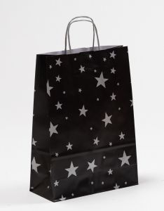 Papiertragetaschen mit gedrehter Papierkordel Sterne silber/schwarz 24 x 10 x 31 cm, 050 Stück