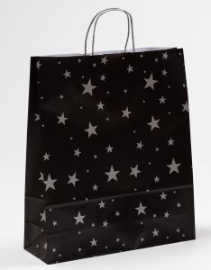 Papiertragetaschen mit gedrehter Papierkordel Sterne silber/schwarz 36 x 12 x 41 cm, 200 Stück