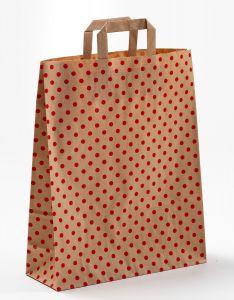 Papiertragetaschen mit Flachhenkel Punkte rot auf braun natur 32 x 12 x 40 cm, 050 Stück