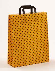 Papiertragetaschen mit Flachhenkel Punkte gelb/schwarz 32 x 12 x 40 cm, 025 Stück