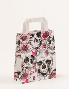 Papiertragetaschen mit Flachhenkel Skulls & Flowers 18 x 8 x 22 cm, 250 Stück