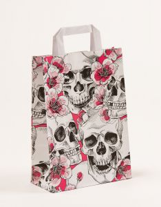 Papiertragetaschen mit Flachhenkel Skulls & Flowers 22 x 10 x 31 cm, 250 Stück